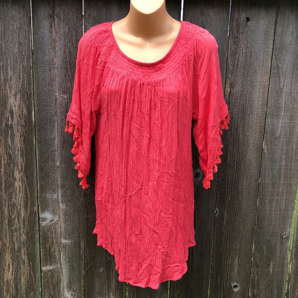 Vincente Tunic Top Tassel Trim 1/2 Sleeves Crinkle Scoop Neck Summer Beach